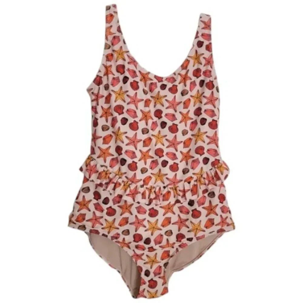 Kortni Jeane Sea Shell Starfish Print Skirted One-Piece Swimsuit Size Large